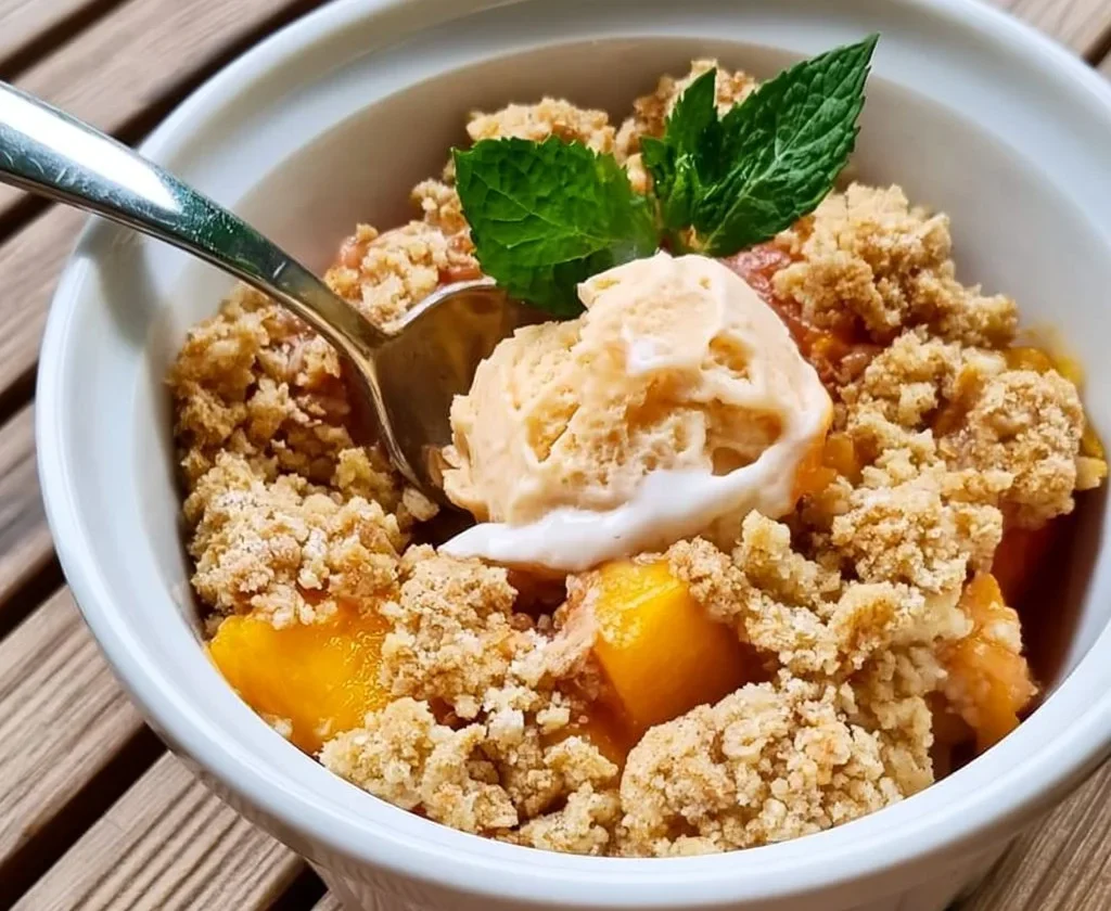 Crumble di Pesche appena sfornato con frutta fresca e croccante.