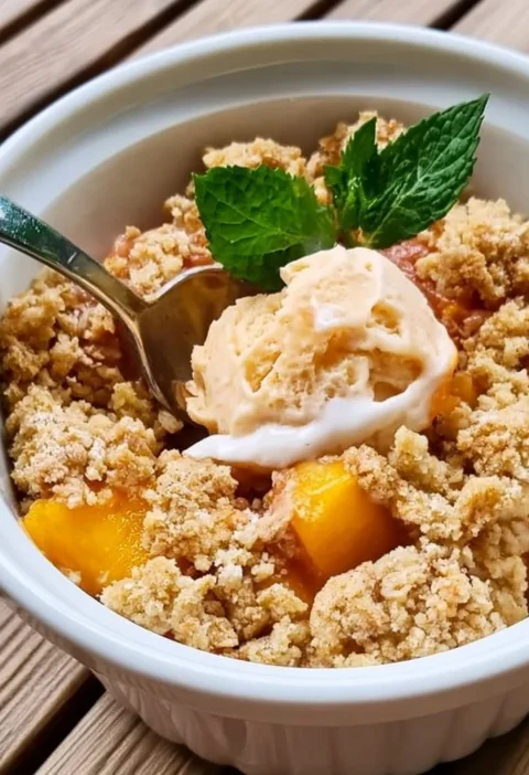Crumble di Pesche appena sfornato con frutta fresca e croccante.
