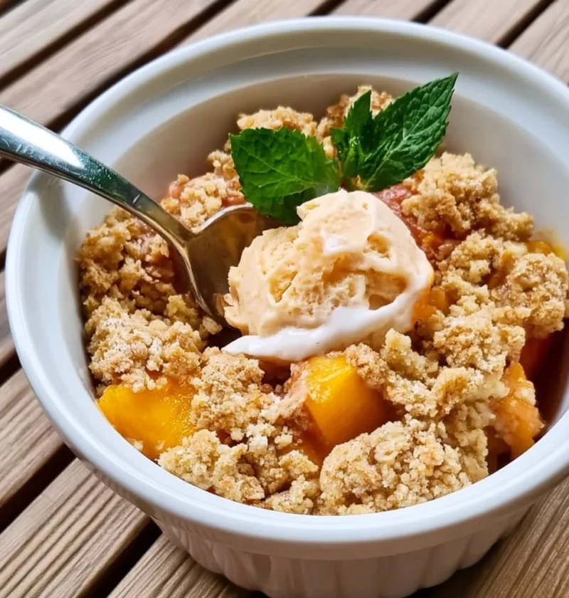 Crumble di Pesche appena sfornato con frutta fresca e croccante.