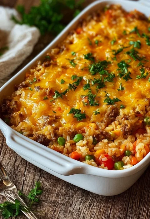 Casseruola di riso con hamburger pronta da servire