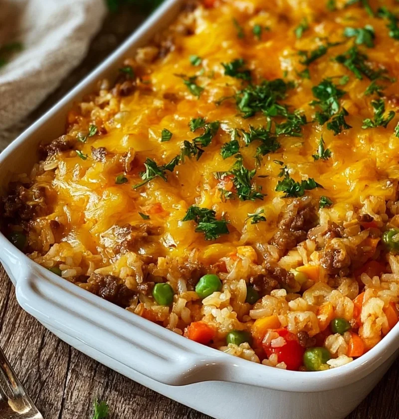 Casseruola di riso con hamburger pronta da servire