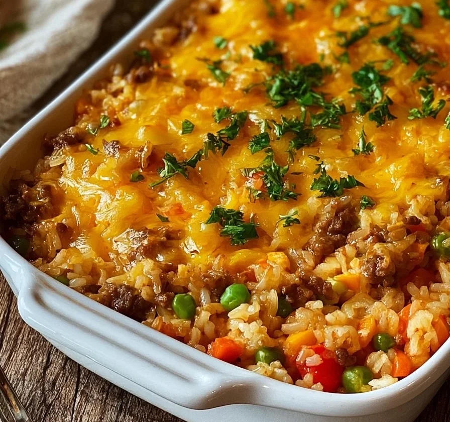 Casseruola di riso con hamburger pronta da servire