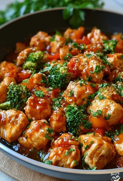 Pollo saltato in padella con salsa fatta in casa pronto da servire.