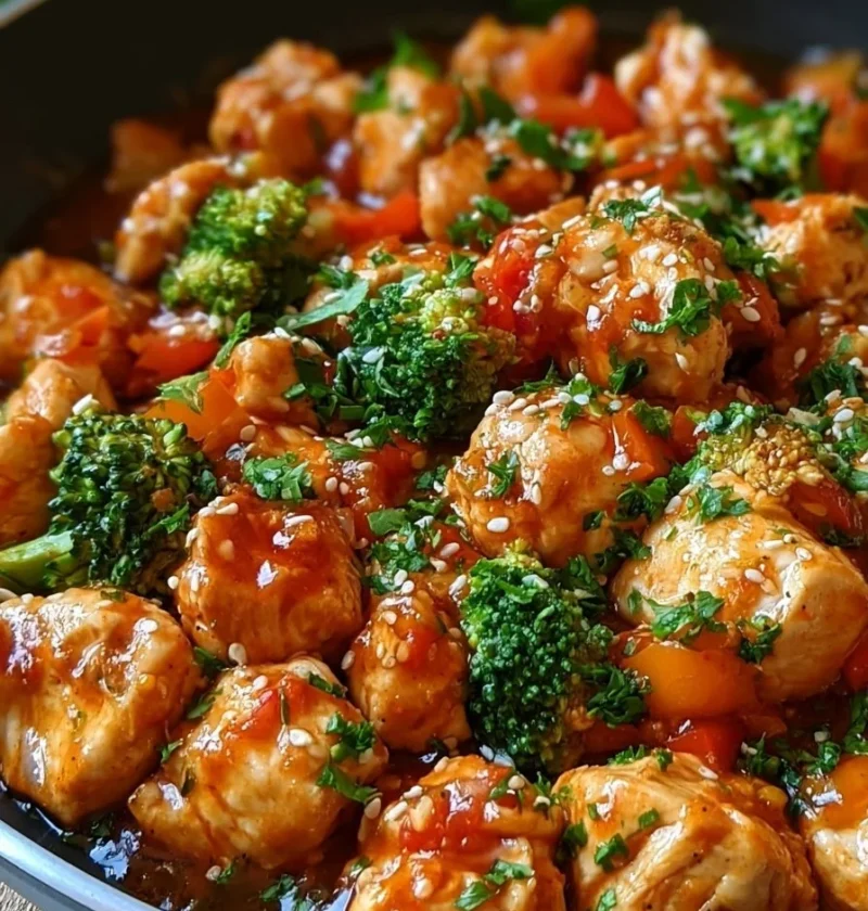 Pollo saltato in padella con salsa fatta in casa pronto da servire.