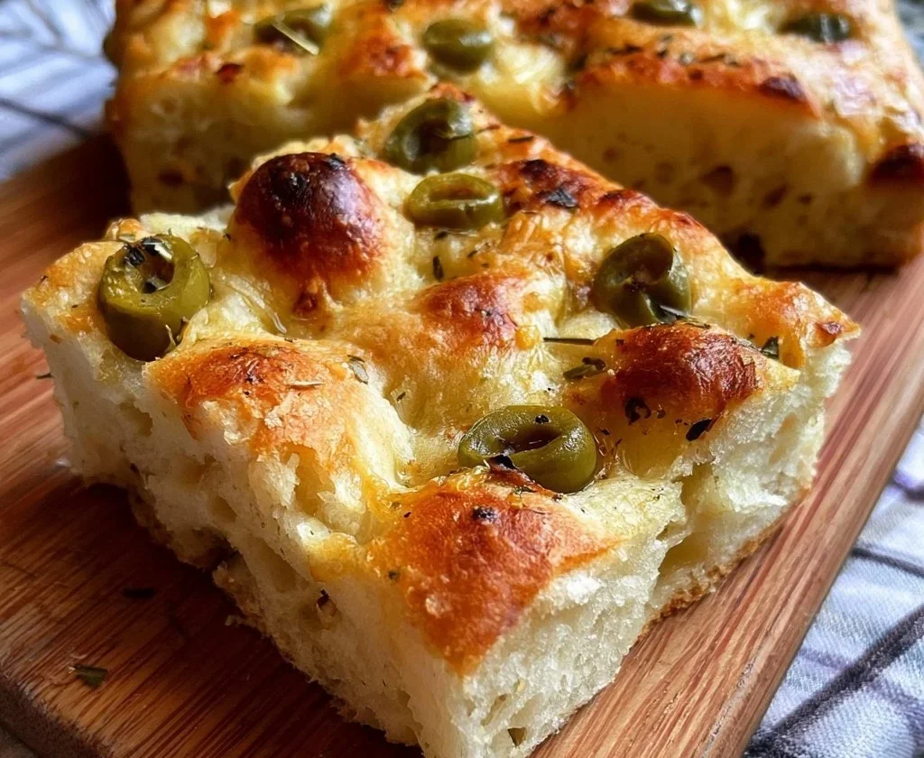 Focaccia alle olive morbidissima appena sfornata