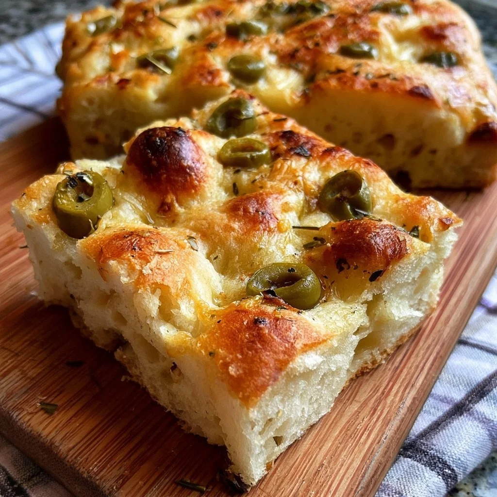 Focaccia alle olive morbidissima appena sfornata