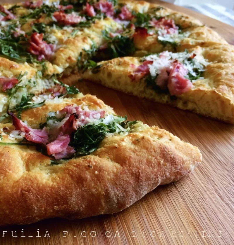 Focaccia furba con rucola e cotto servita su un piatto