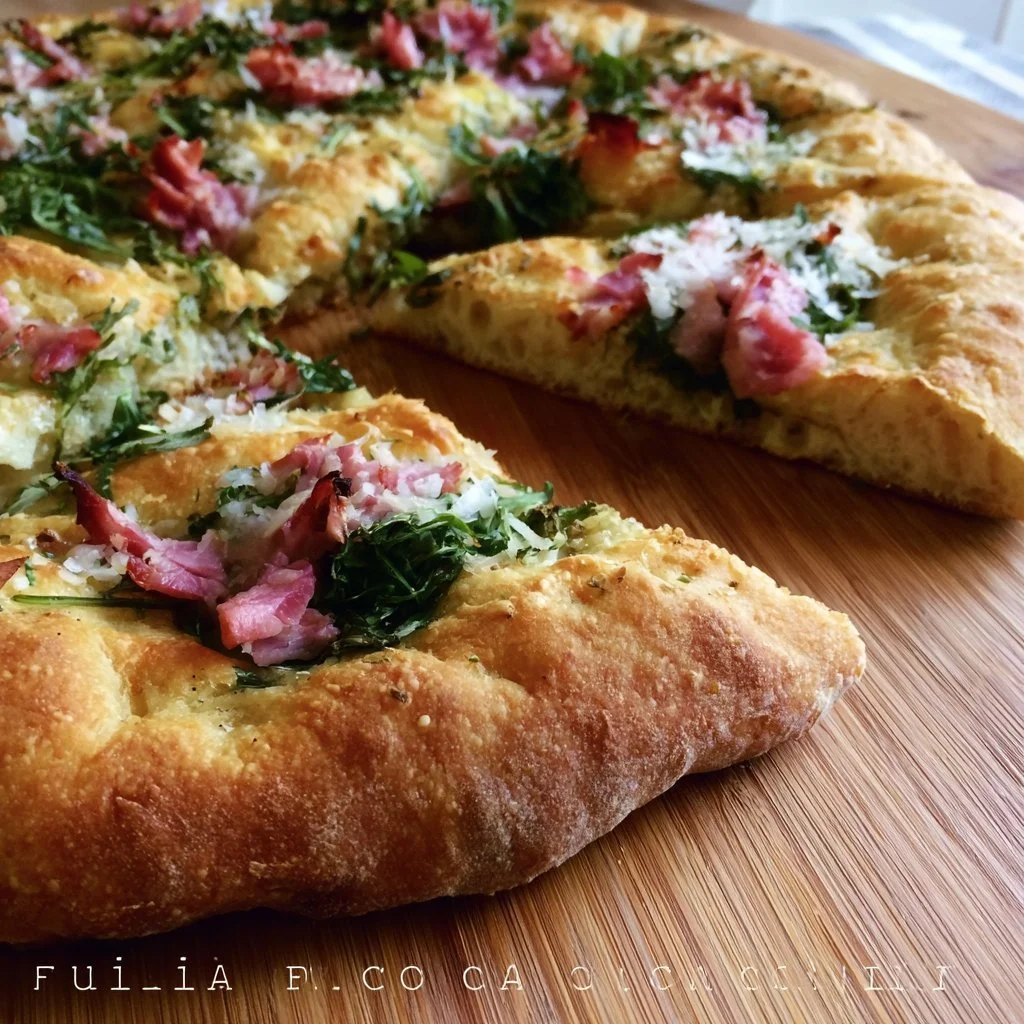 Focaccia furba con rucola e cotto servita su un piatto