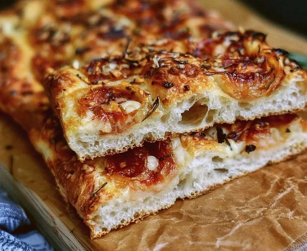 Focaccia Parigina appena sfornata, una specialità ligure dal sapore unico.