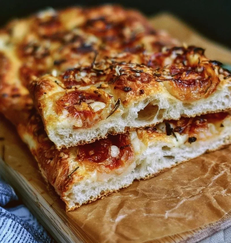 Focaccia Parigina appena sfornata, una specialità ligure dal sapore unico.