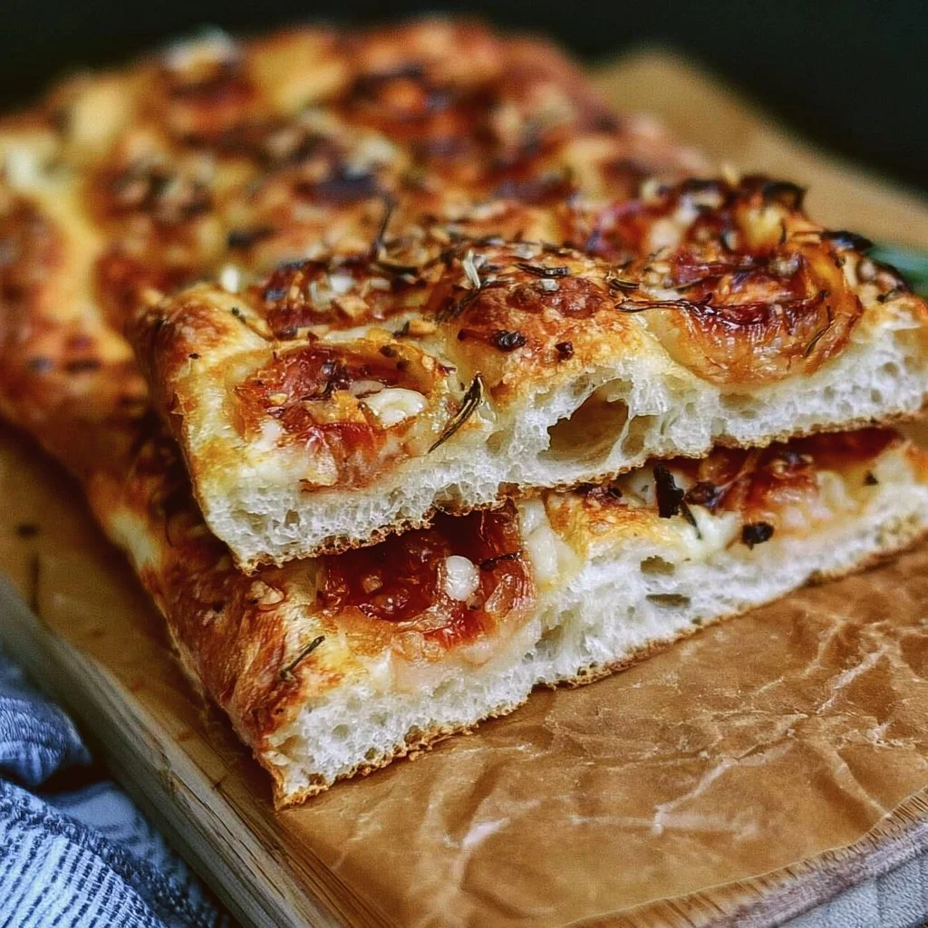 Focaccia Parigina appena sfornata, una specialità ligure dal sapore unico.
