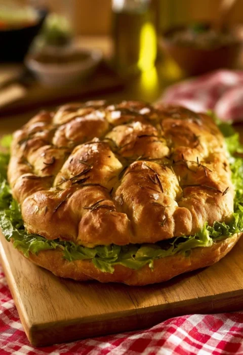 Focaccia soffice farcita con ingredienti freschi e saporiti