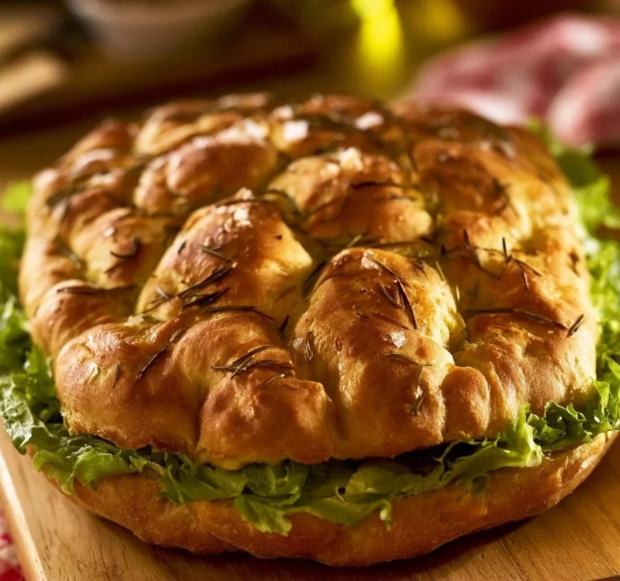 Focaccia soffice farcita con ingredienti freschi e saporiti