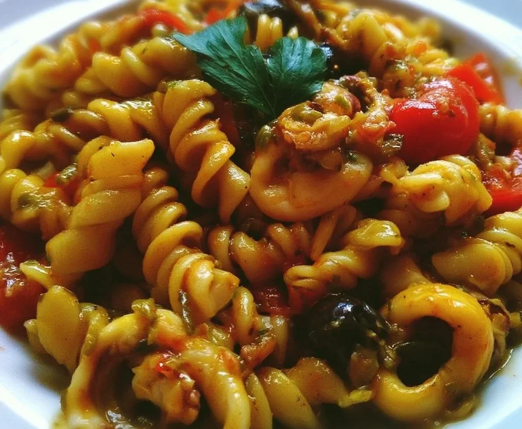 Fusilloni in salsa di pomodorini freschi, calamari, capperi e olive