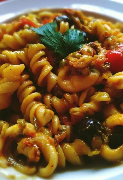 Fusilloni in salsa di pomodorini freschi, calamari, capperi e olive