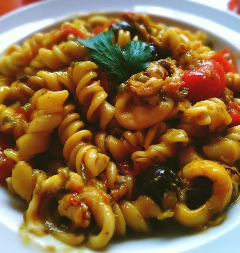 Fusilloni in salsa di pomodorini freschi, calamari, capperi e olive