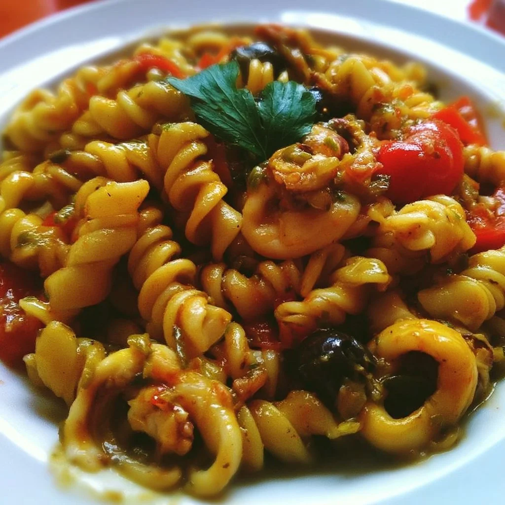 Fusilloni in salsa di pomodorini freschi, calamari, capperi e olive