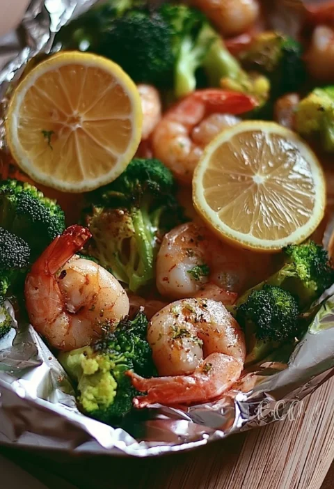 Gamberi al forno con broccoli in pacchetti di carta fata
