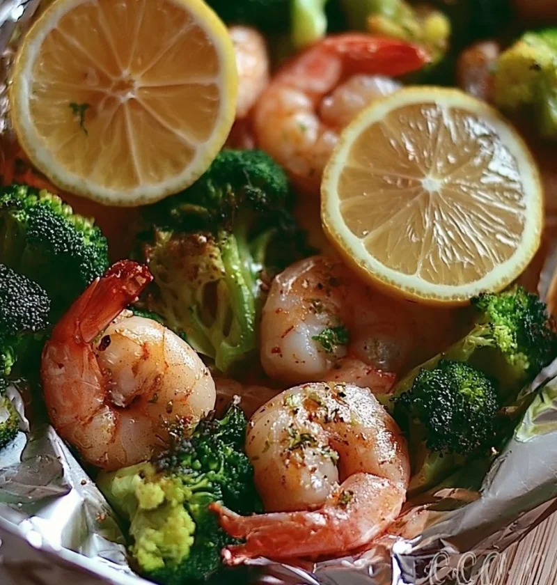 Gamberi al forno con broccoli in pacchetti di carta fata