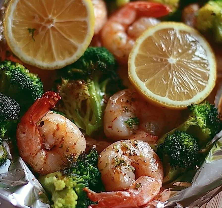 Gamberi al forno con broccoli in pacchetti di carta fata