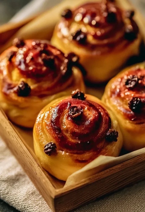 Girelle all'uvetta e crema pasticcera su un piatto bianco