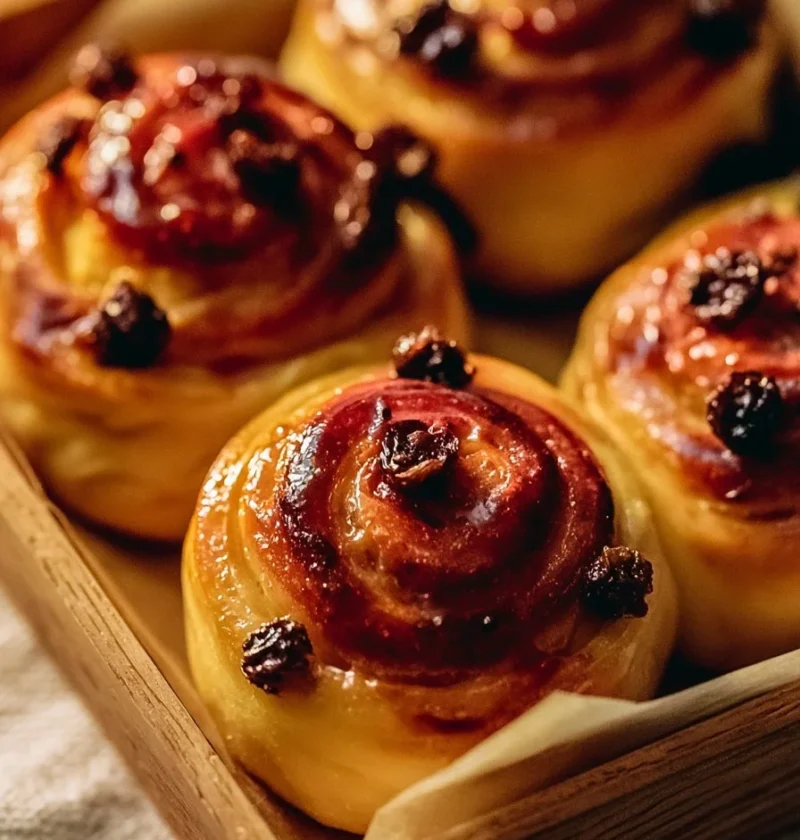 Girelle all'uvetta e crema pasticcera su un piatto bianco