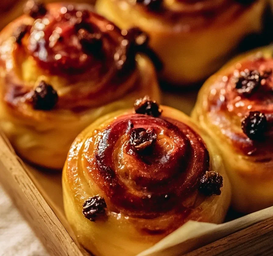 Girelle all'uvetta e crema pasticcera su un piatto bianco