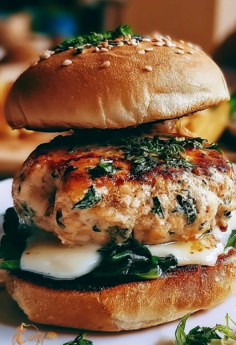 Hamburger di pollo con spinaci e cheddar bianco su un piatto