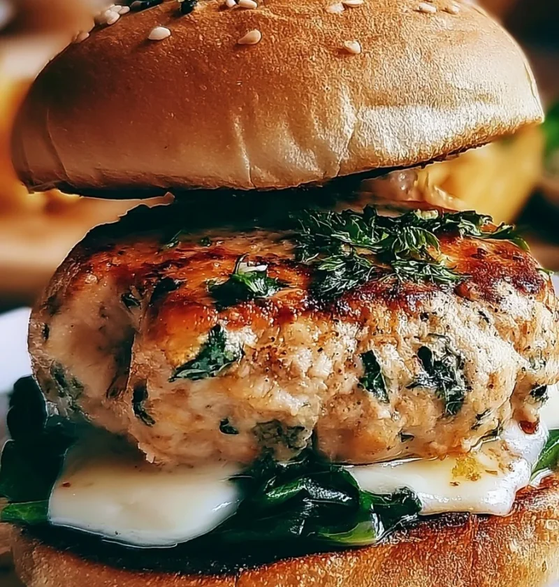 Hamburger di pollo con spinaci e cheddar bianco su un piatto