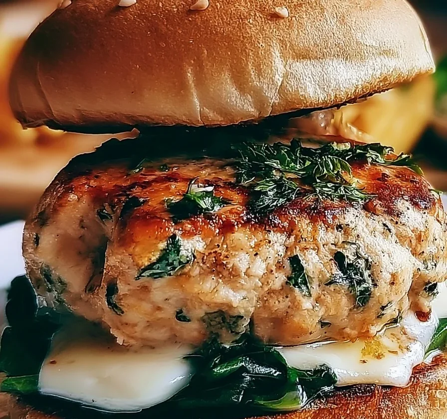 Hamburger di pollo con spinaci e cheddar bianco su un piatto
