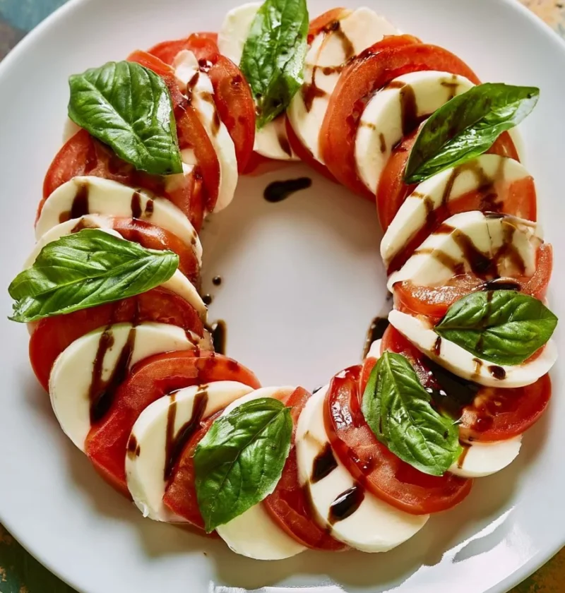 Insalata Caprese con pomodori freschi, mozzarella e basilico su un piatto.