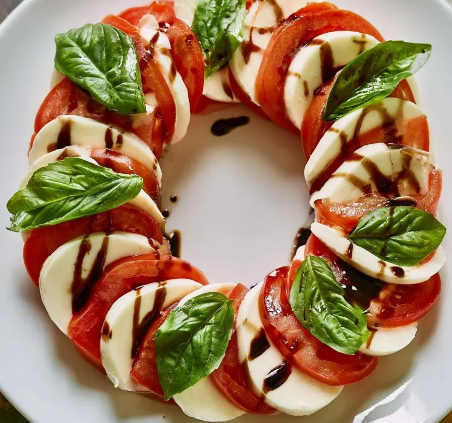Insalata Caprese con pomodori freschi, mozzarella e basilico su un piatto.