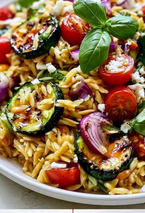 Insalata di pasta orzo con verdure grigliate e ingredienti freschi