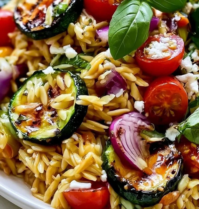 Insalata di pasta orzo con verdure grigliate e ingredienti freschi