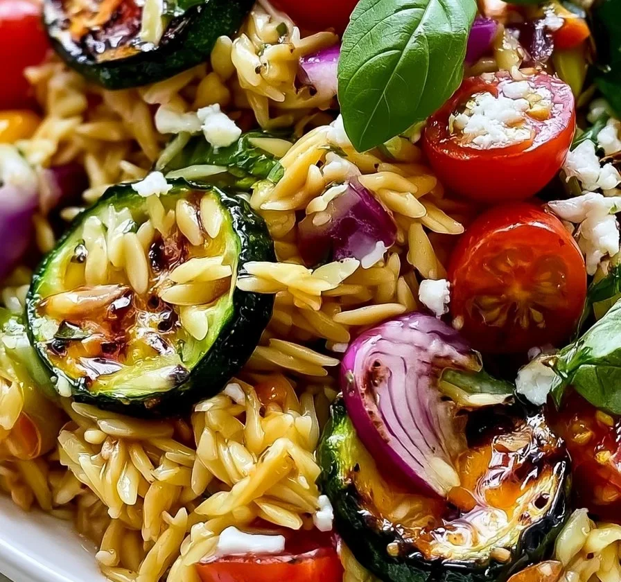 Insalata di pasta orzo con verdure grigliate e ingredienti freschi