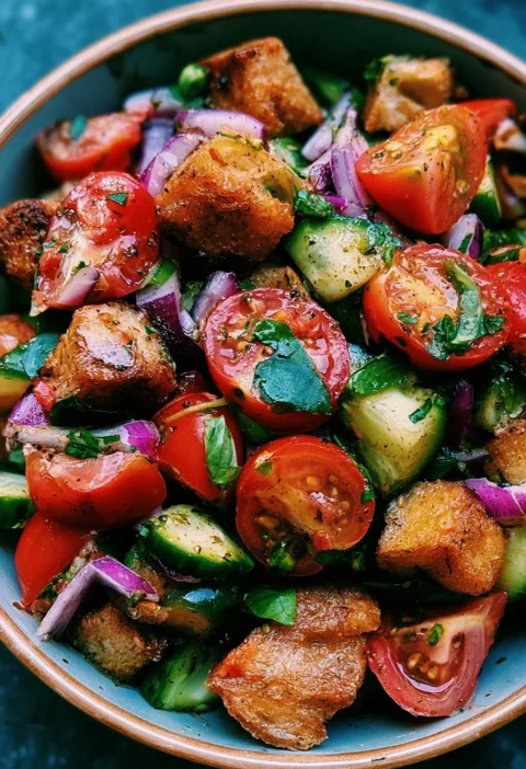 Insalata Panzanella con pane, pomodori e basilico freschi