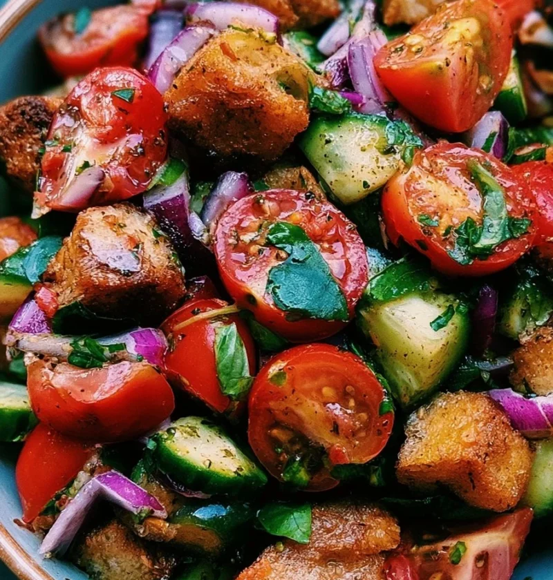 Insalata Panzanella con pane, pomodori e basilico freschi