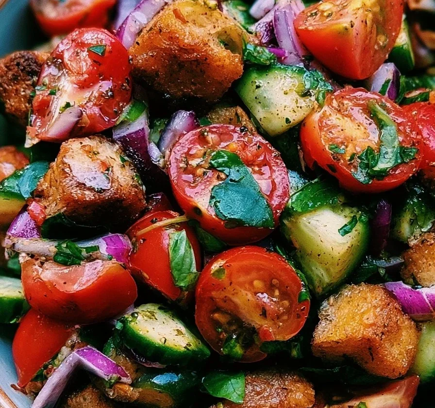 Insalata Panzanella con pane, pomodori e basilico freschi