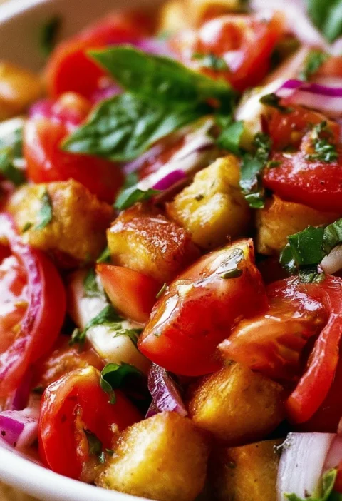 Insalata Panzanella con pomodori freschi e pane croccante