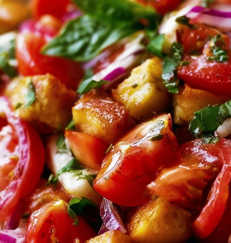 Insalata Panzanella con pomodori freschi e pane croccante