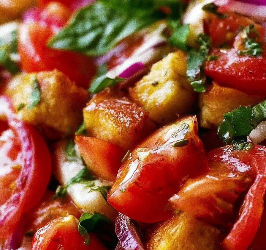 Insalata Panzanella con pomodori freschi e pane croccante