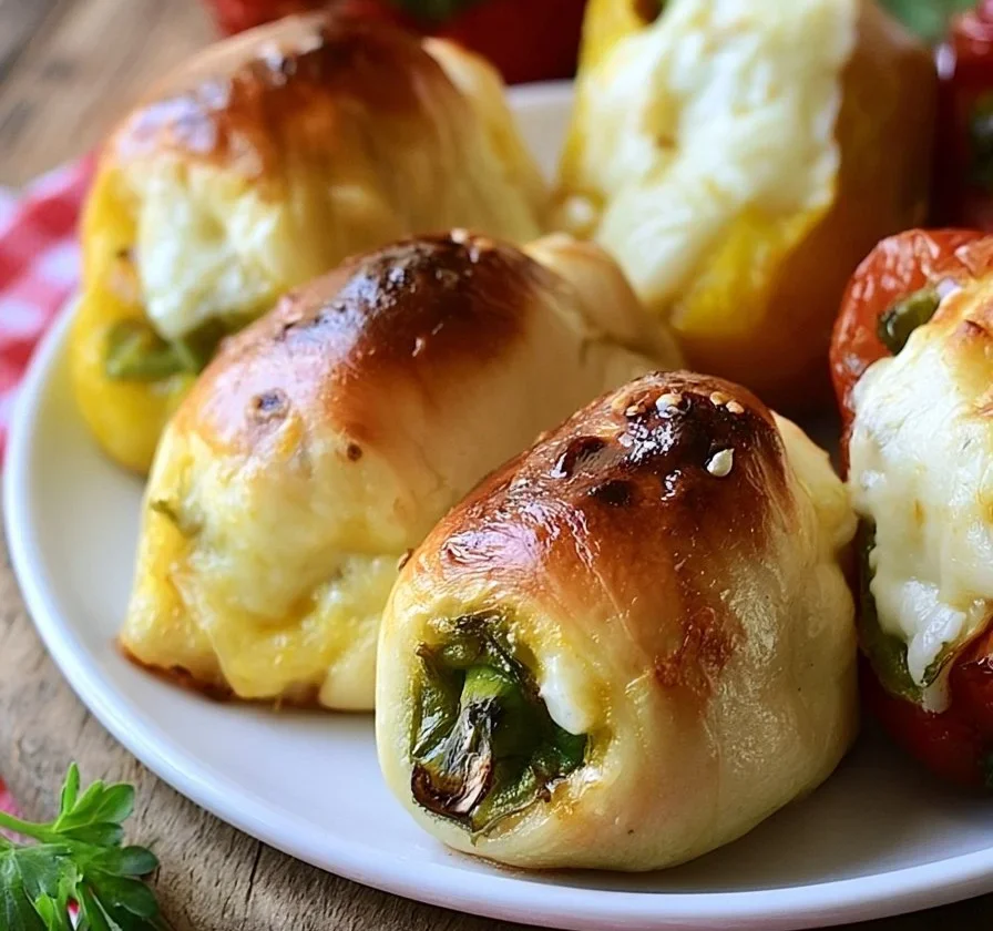 Involtini di peperoni freddi al formaggio pronti per essere serviti.