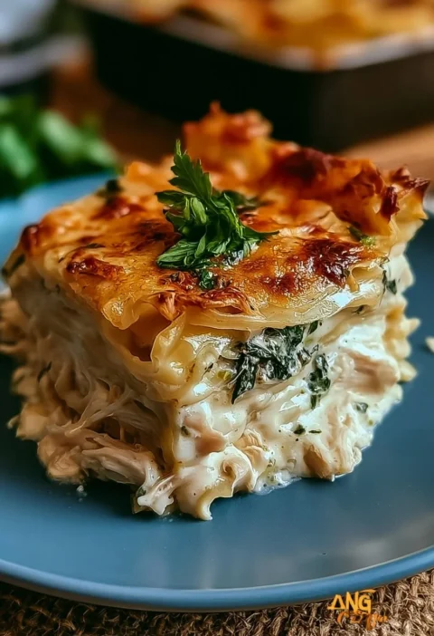 Piatto di Lasagna Alfredo di Pollo con salsa cremosa e ingredienti freschi