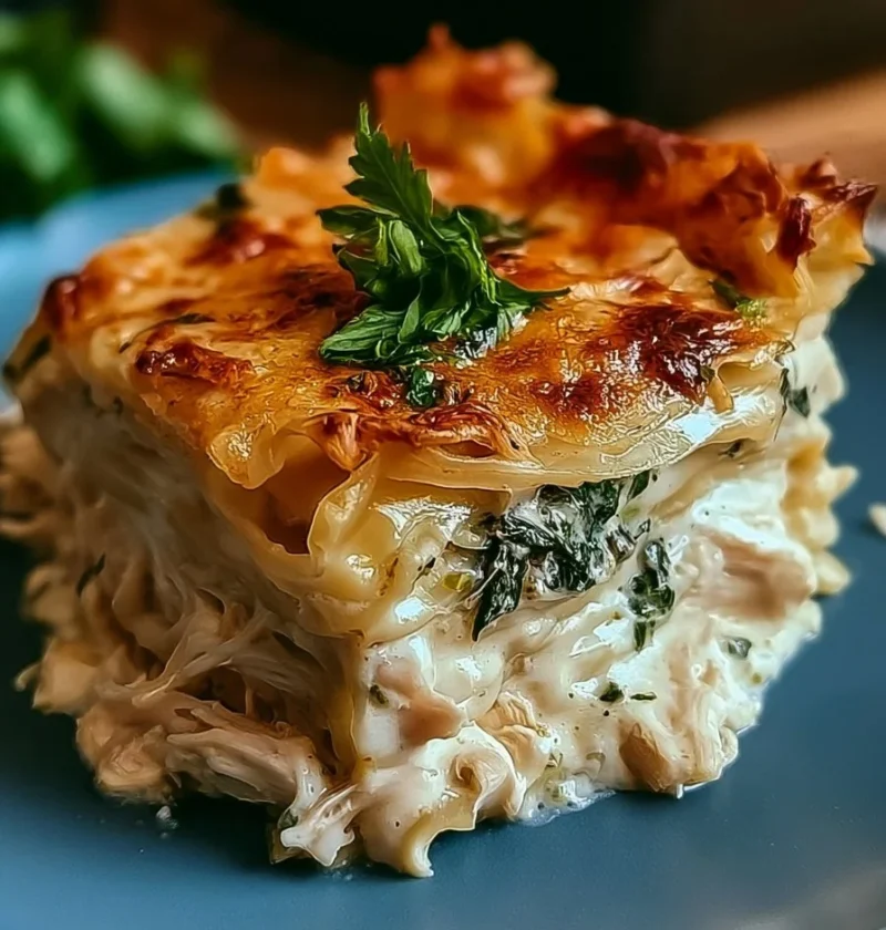 Piatto di Lasagna Alfredo di Pollo con salsa cremosa e ingredienti freschi