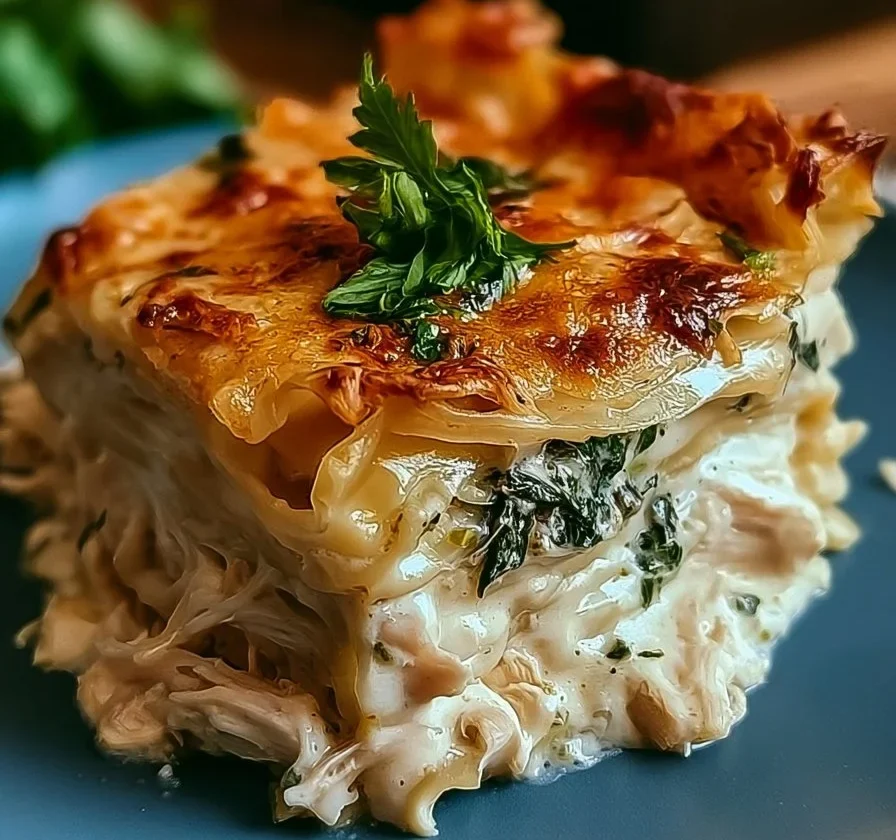 Piatto di Lasagna Alfredo di Pollo con salsa cremosa e ingredienti freschi