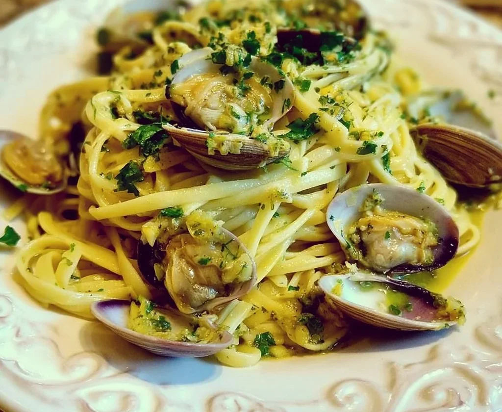 Piatto di Linguine alle Vongole pronto da servire con vongole fresche e prezzemolo.