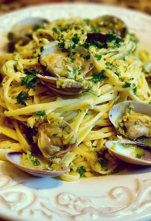 Piatto di Linguine alle Vongole pronto da servire con vongole fresche e prezzemolo.