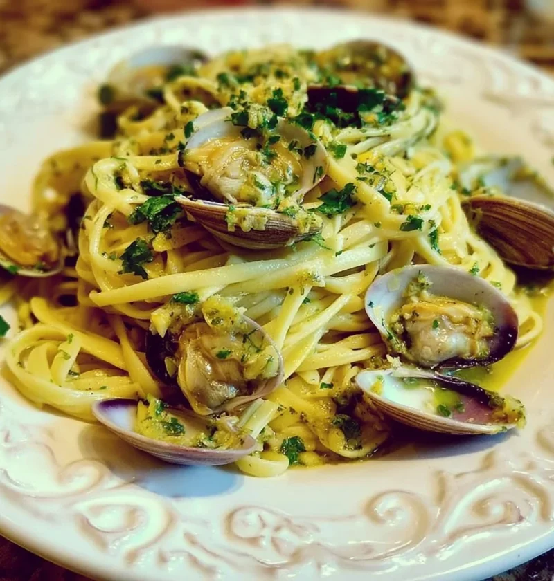 Piatto di Linguine alle Vongole pronto da servire con vongole fresche e prezzemolo.