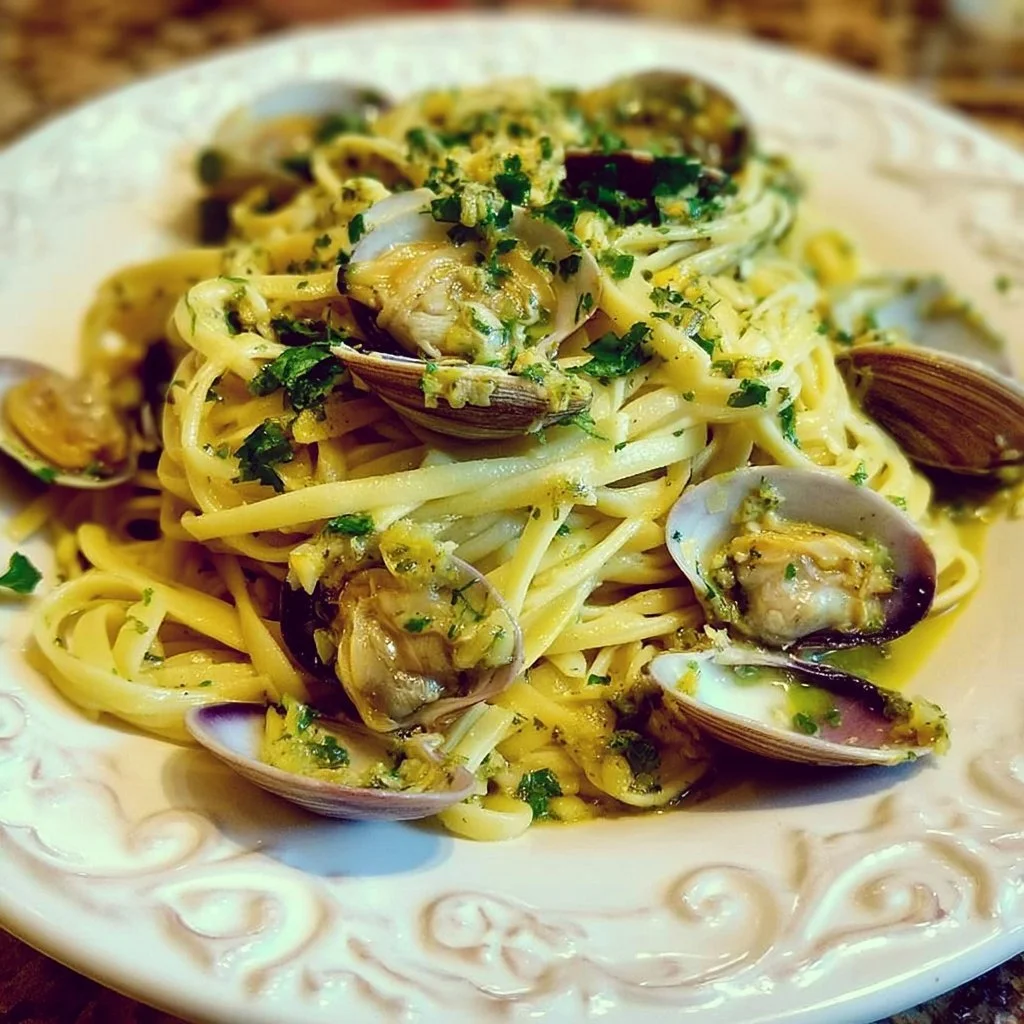 Piatto di Linguine alle Vongole pronto da servire con vongole fresche e prezzemolo.