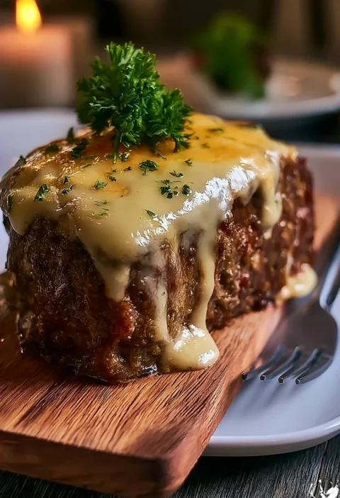 Meatloaf alla francese con formaggio svizzero fuso su un piatto